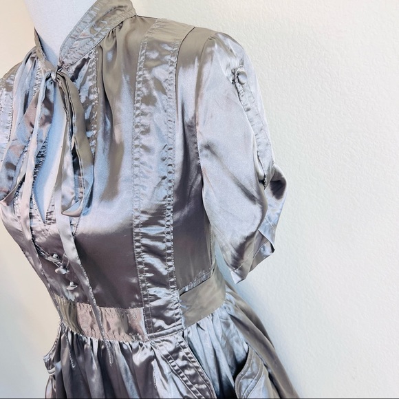 Y2K Silver Satin V-Neck Neck Tie Short Sleeve Bubble Mini Dress - Picture 13 of 16